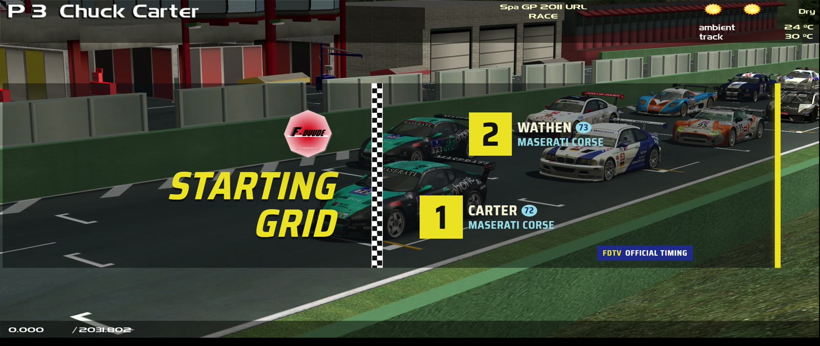 The starting grid graphic wiping in from the left behind a yellow edge, over the Spa grid