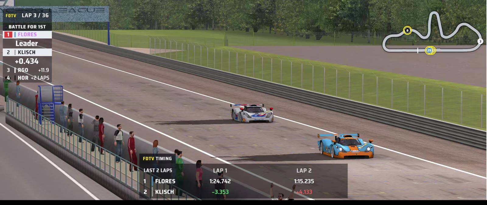 Modern standard battle at Dijon, lap 3: Battle for 1st in the tower, Flores leading Klisch by 0.434, and a Last 2 laps table comparing their laps