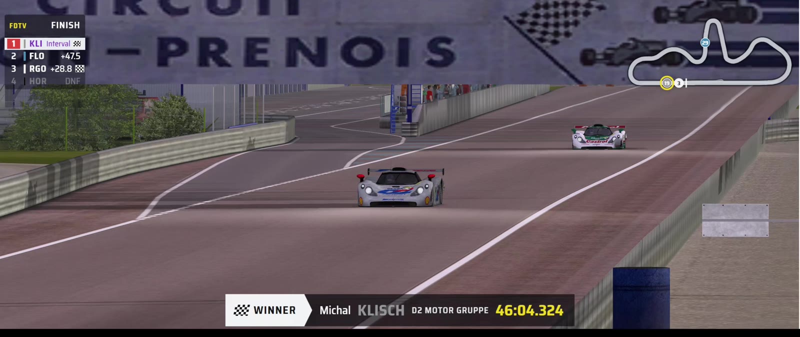 Dijon finish: Michal Klisch's D2 Porsche on the straight with the winner card, 46:04.324