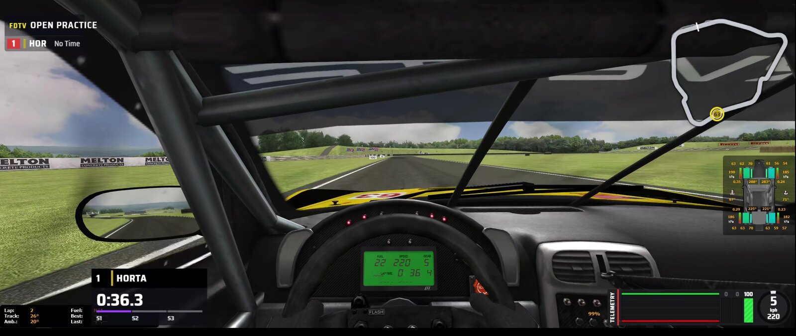 Open practice at Castle Combe: the modern tower with Horta, the track map with car 63, a lap card with a running time of 0:36.3 and the first sector in purple, and the telemetry panel